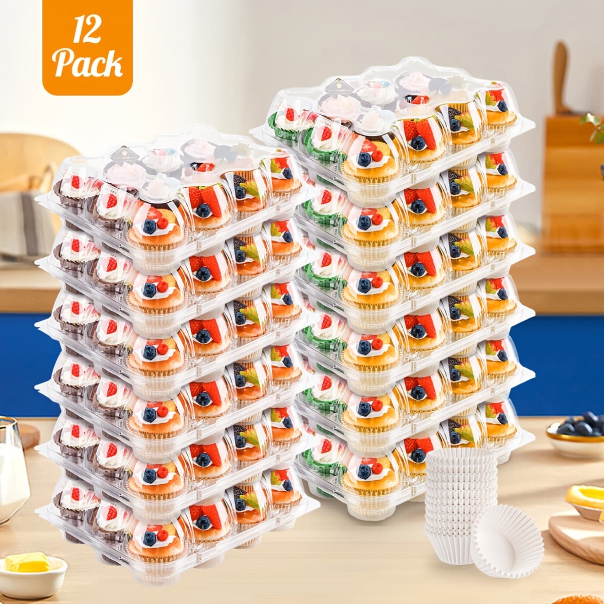 TEMU 12pcs 12 Count Cupcake Containers, 144 Paper Cups, 12pcs Cupcake Holders Plastic Stackable Cupcake Boxes With Detachable Tall Dome Lids And 144 Liners For 144 Cupcakes, Bpa Free, Standard Size.
