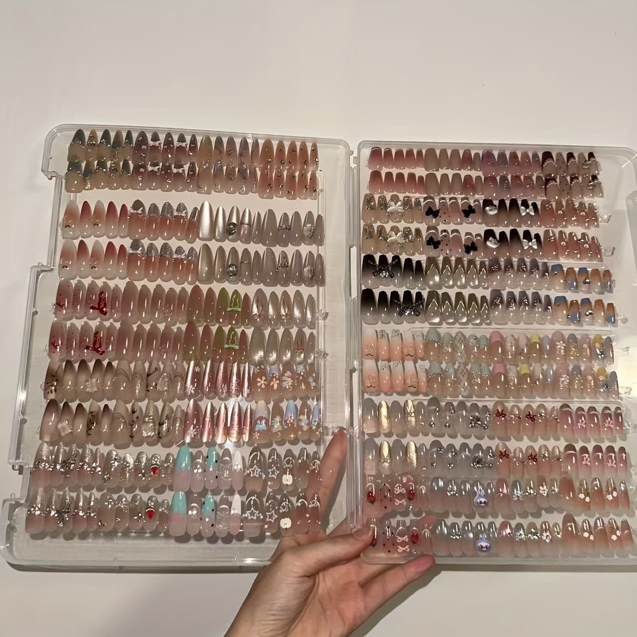 TEMU A Set Of 97pcs Of Assorted Handmade Fake Nails, Featuring Nail Art Styles, Suitable For Fashionable Women And, Use, Parties, Halloween, And Christmas, Comes With Nail Tools And A Storage Box