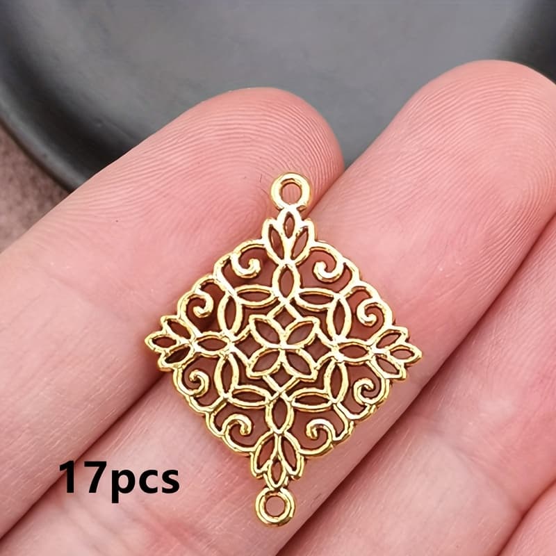 TEMU 17pcs Hollow Rhombus Flower Charm Connector Pendant, Bohemian Style Jewelry Accessories, Handmade Making Bracelet, Necklace, Earring Accessories 22*28mm