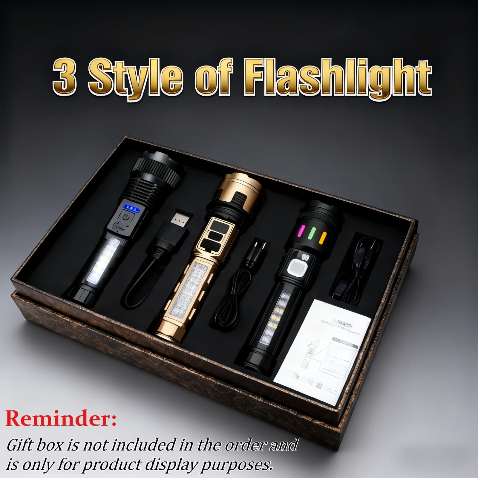 TEMU Set Of 3 Led Flashlights (a Present) - Rechargeable Via Usb, Featuring Lighting (), With A Brightness Of 2400 , Adjustable Beam, Portable, Long-lasting, And Sturdy For Camping, Daily Activities