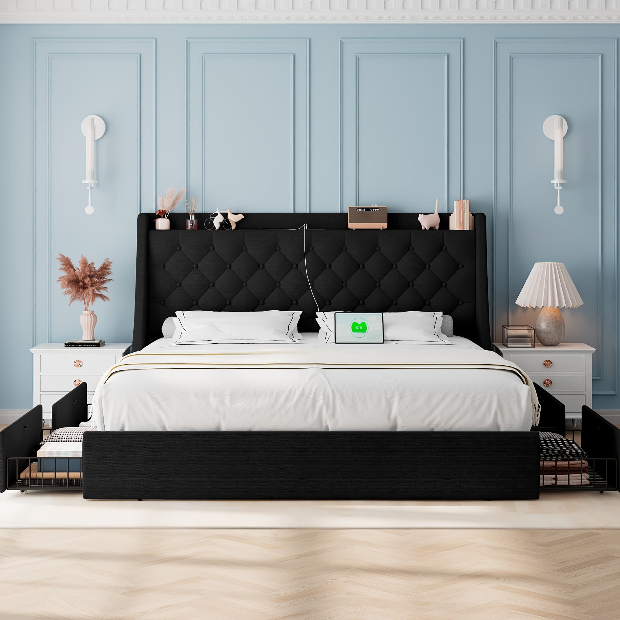 TEMU Bed Frame With Charging Station, With Linen Fabric Storage Headboard, Storage Drawers On , Solid Wood Slats Support