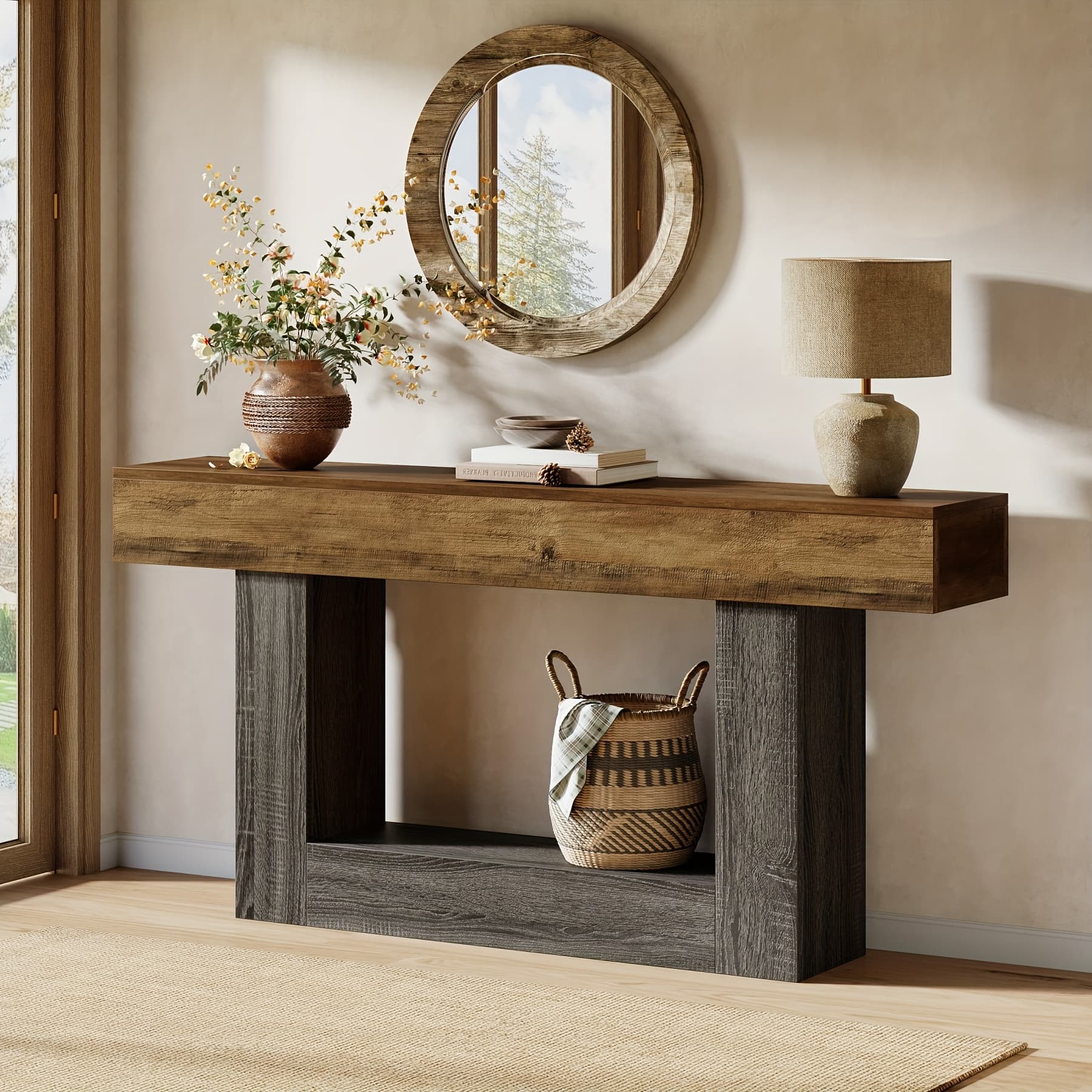 TEMU 63-inch Long 2-tier Farmhouse Console Table, Ideal For Placing Behind A Couch, Sturdy Wooden Hallway Foyer Table, Spacious Narrow Entryway Table For Living Room, Rustic Brown And Grey End
