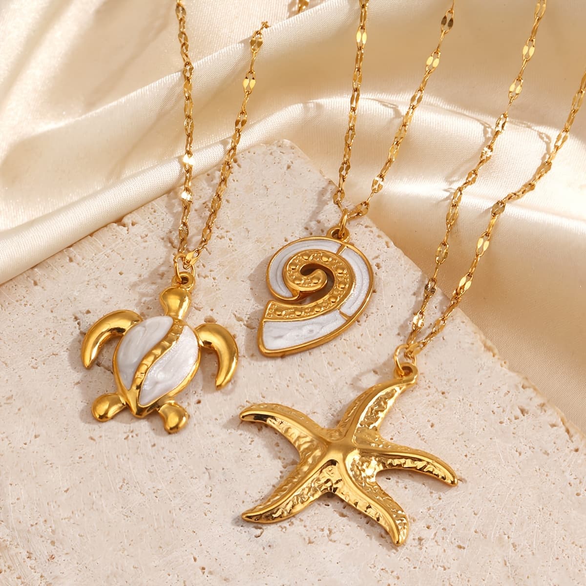 TEMU 3pcs Stainless Steel Summer Fashion Ocean-themed Starfish And Seashell Pendant Necklace Set, Beach Vacation Accessories