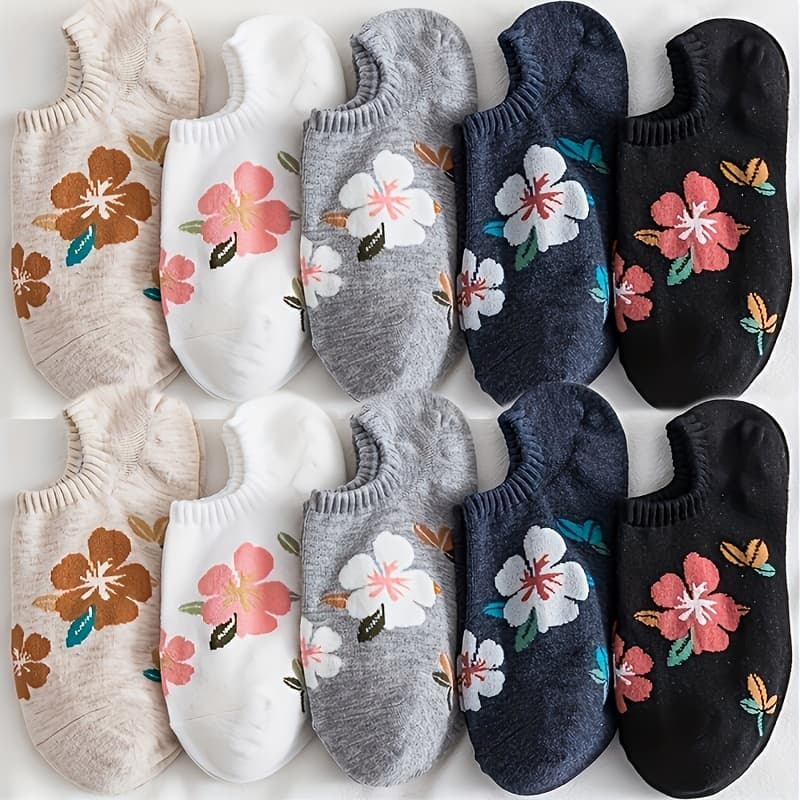 TEMU 5/10 Pairs Of Plant Flower Boat Socks, Cute , Shallow Mouthed, Cherry Short Tube, Breathable And Soft In Summer, Not Falling Off