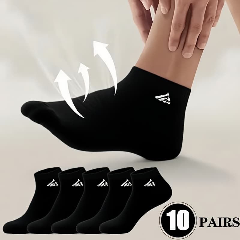 TEMU 10-pack Men's Black Geometric Pattern Short Socks, Comfortable And Breathable, Casual And Versatile, Soft Fabric For All