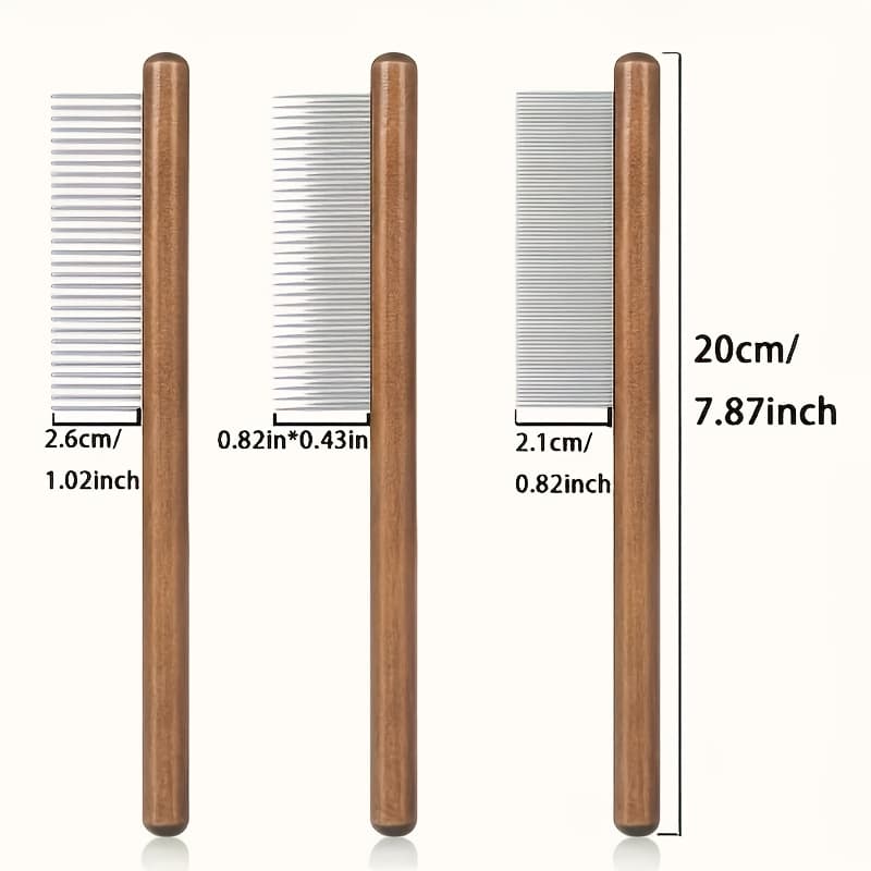 TEMU 3pcs Cat And Dog Pet Grooming Comb - Stainless Steel Teeth, Wooden Handle, Suitable For Long And Short Hair, Durable Pet Grooming Tool