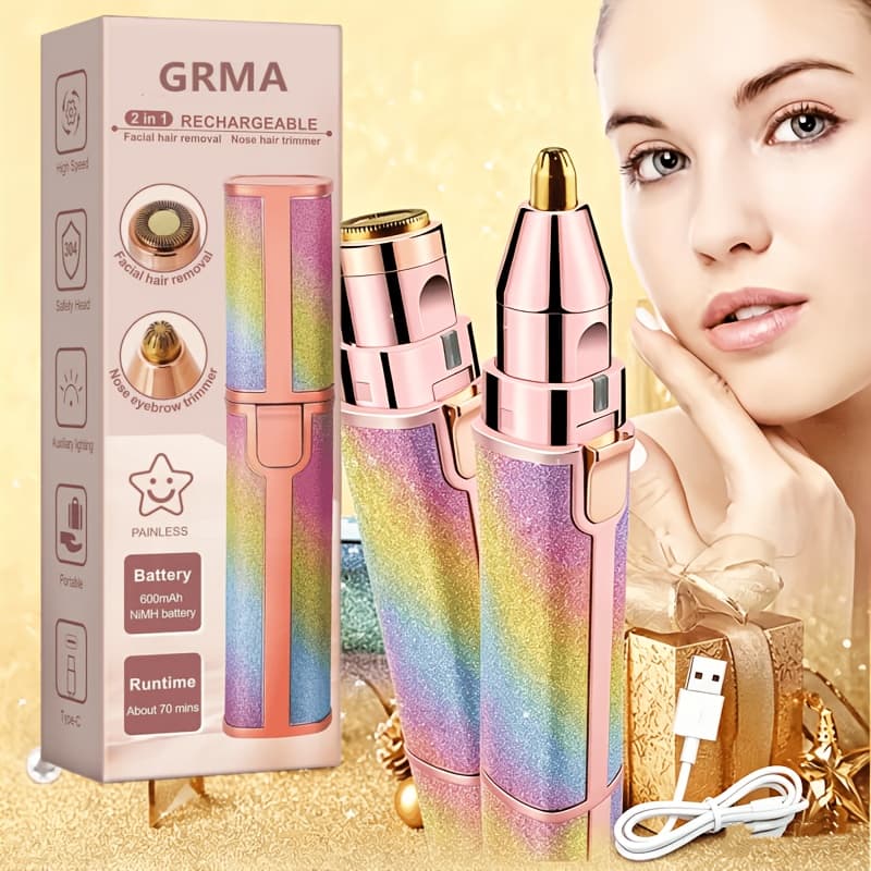 TEMU 2-in-1 Rechargeable Nose Hair & Eyebrow Trimmer, Face Shaver With Built-in Led Light For Removing Chin, Upper And Lower Lip Area