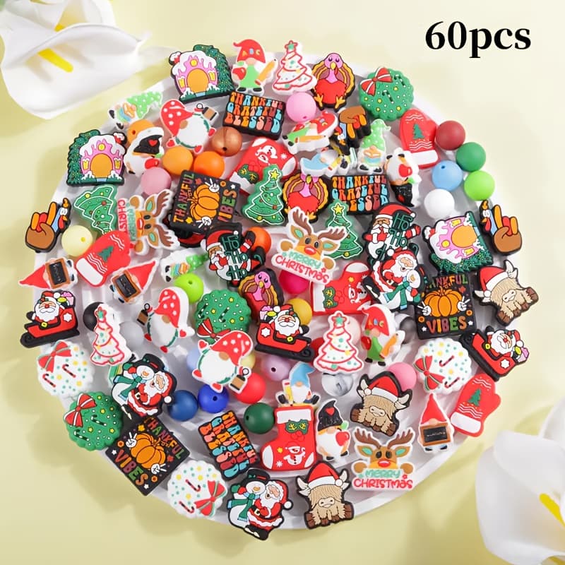 TEMU Set Of 60 Silicone Beads (20 Round And 40 15mm) - Featuring Animal And Plant Patterns For Jewelry, Keychains, And Crafts - Assorted Styles For Unique Handmade Presents
