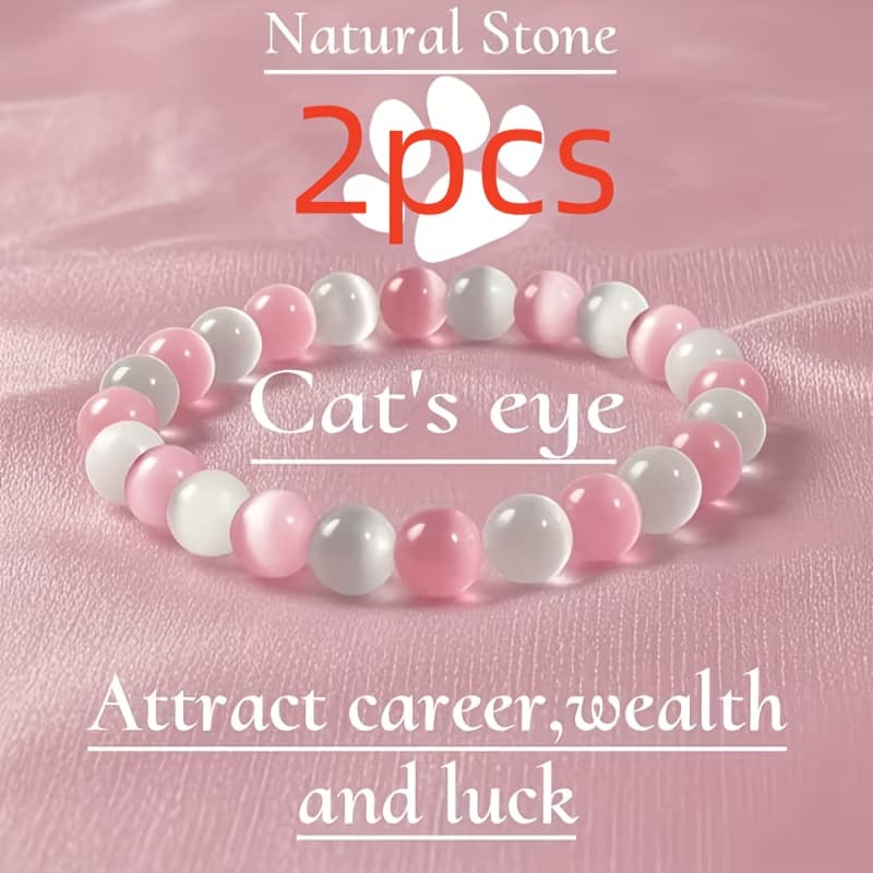 TEMU 2pcs Elegant Pink With White Cat Eye 8mm Material Bead Bracelet Adjustable Women's Jewelry Daily Matching Jewelry , Holiday Gift Perfect Gift