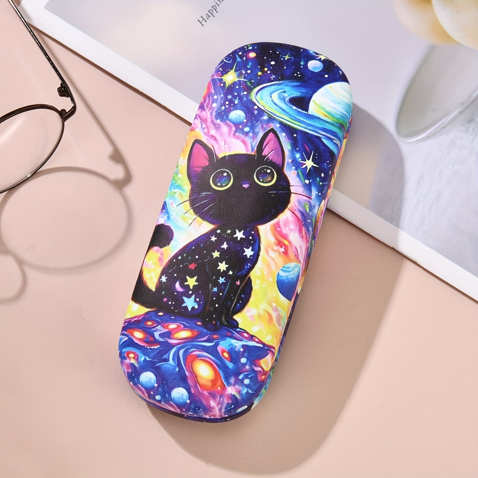 TEMU 1pc, Cute Cat Print Glasses Case, Portable Anti-pressure Glasses Box, Glasses Storage Box, Small Gift, For