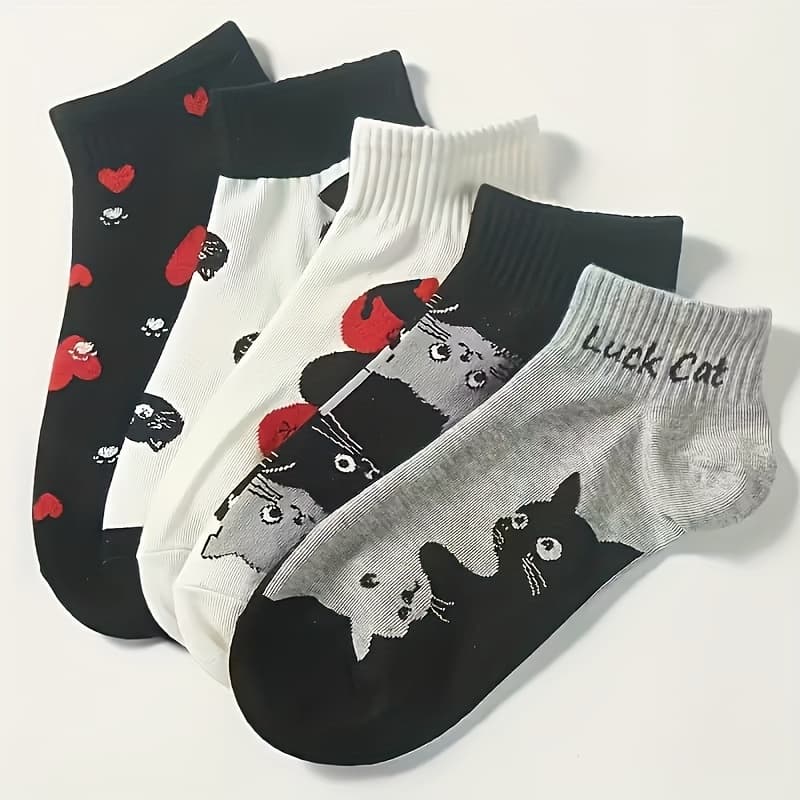 TEMU 5-pair Women's Spring/summer Heart And Cat Cartoon Print Ankle Socks, Trendy And Versatile College Style Cute Short Socks