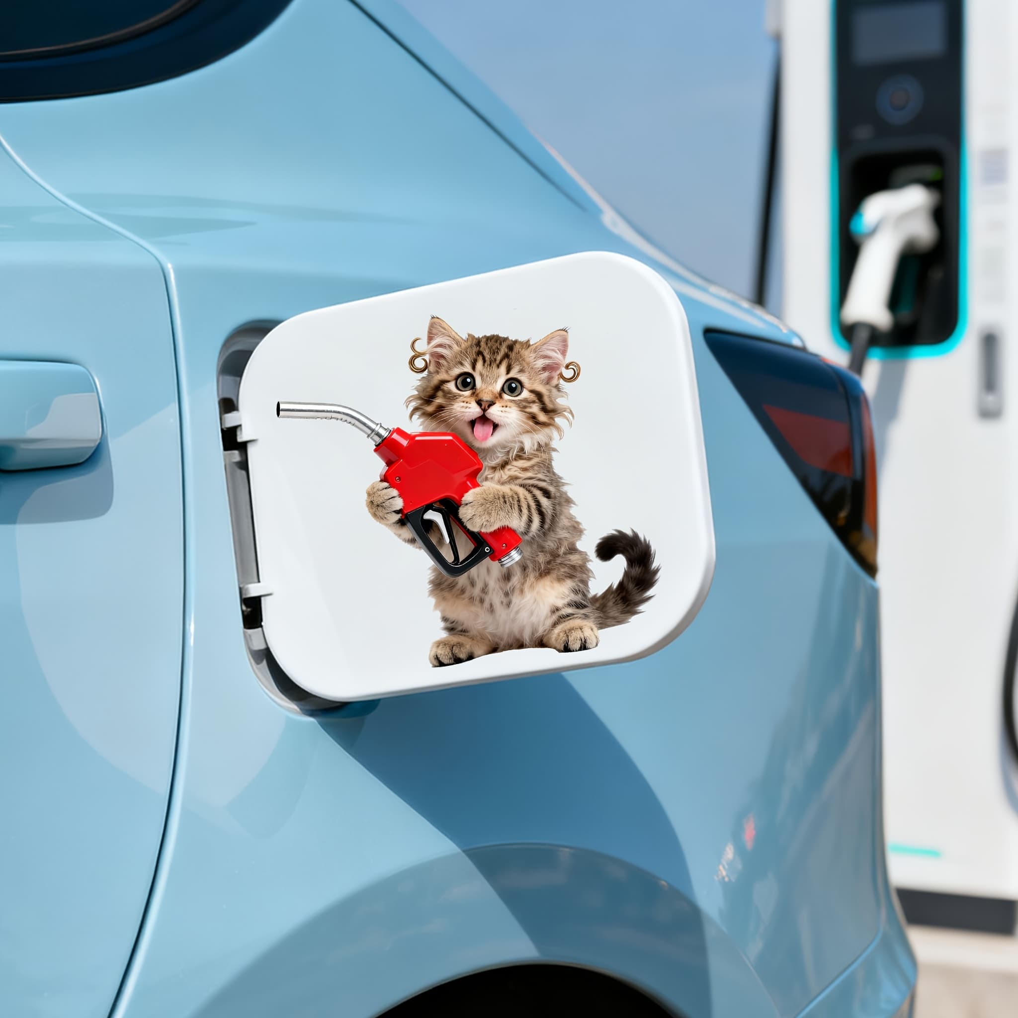 TEMU Curly Hair Kitten Car Stickers - Cute Cat Holding Gas Tank Vinyl Decal - Self Adhesive Glossy Sticker For Cars Fuel Door - No Residue - Cartoon Pet Car Stickers