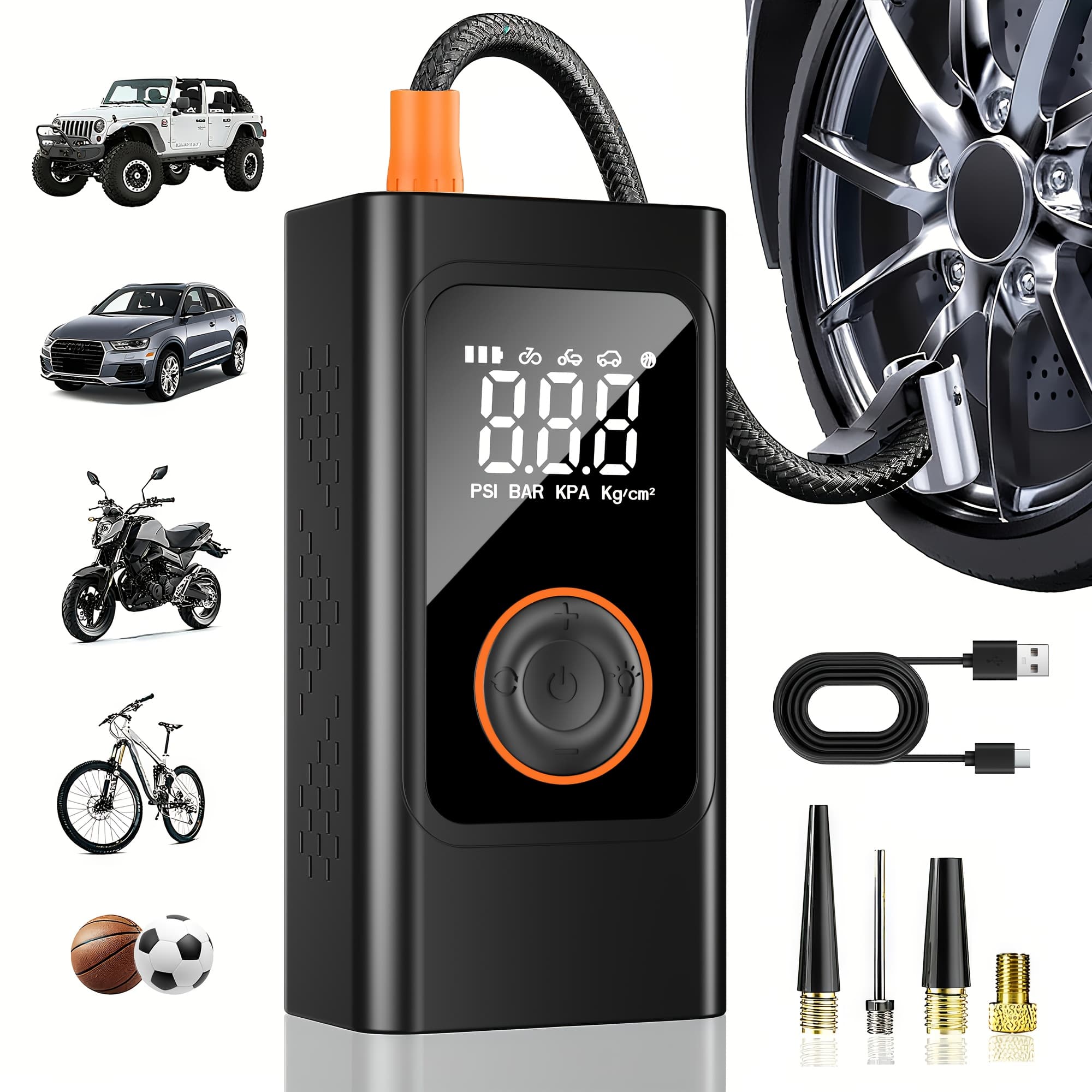 TEMU Portable Tire Inflator - 150psi Air Compressor With Pressure , Usb-c Fast Charge And Led Light, For Car, Moto, Bike, Ball, Air Pump Ideal For Car