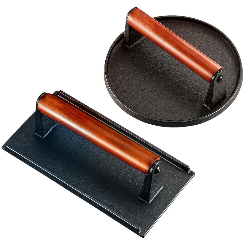 TEMU 2pcs Cast Press Kit - Round And Rectangular Heavy Meat Minced Meat With Wooden Handle For Baking Trays, Sandwiches, Suitable For Family , Picnics, Camping