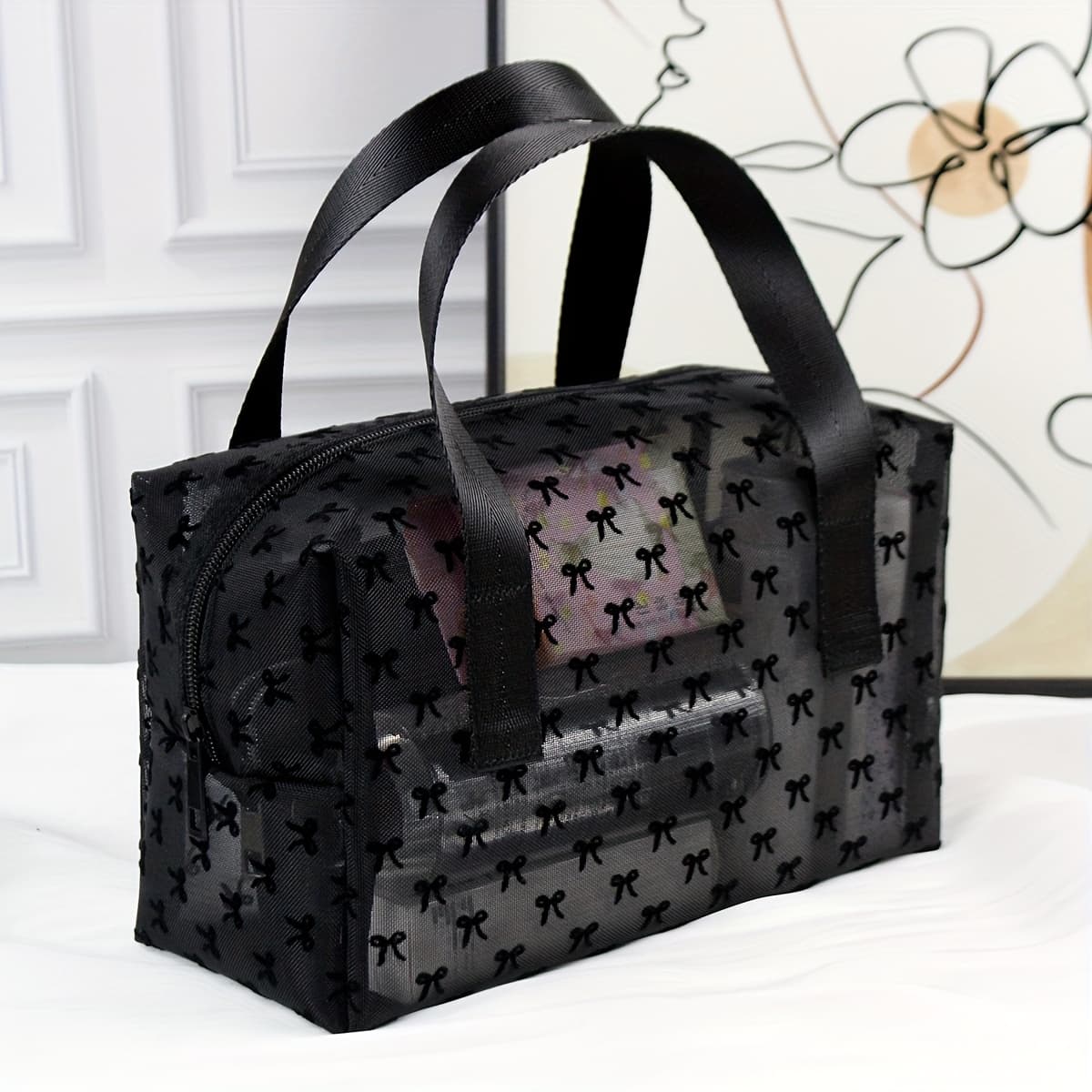 TEMU A Stylish And Storage Bag, Featuring A Black Velvet Bow And Breathable Black Mesh Material, This Convenient Double-handled Toiletry Bag Is Perfect For Travel, Daily Use, And An Gift