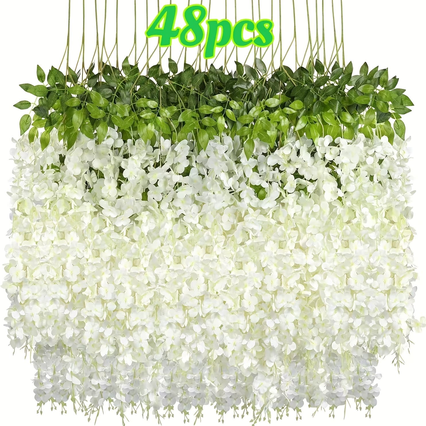 TEMU 48 White Wisteria Flower Garlands For Hanging On Wedding Arches, Party Gardens, Home Decor, Rattan Vines, Flower Strings, Party Wall Decor, Outdoor Faux Flowers, Artificial , Holiday Decor