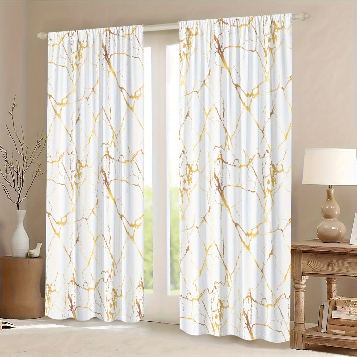 TEMU 2pcs, Luxury Marble Digital Printing Through Pole Room Curtain, Translucent Indoor Outdoor, Bedroom, Living Room Curtain Furniture Curtain Decoration