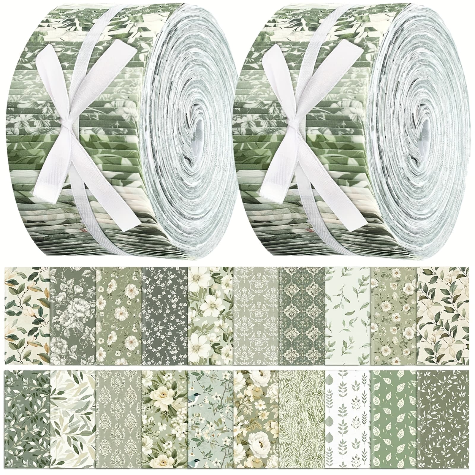 TEMU 100pcs Sage Green Vintage Floral Quilting Fabric Roll 2. Fabric Squares Jelly Precut Strips Bundles For Holiday Materials Craft Sewing Cloths