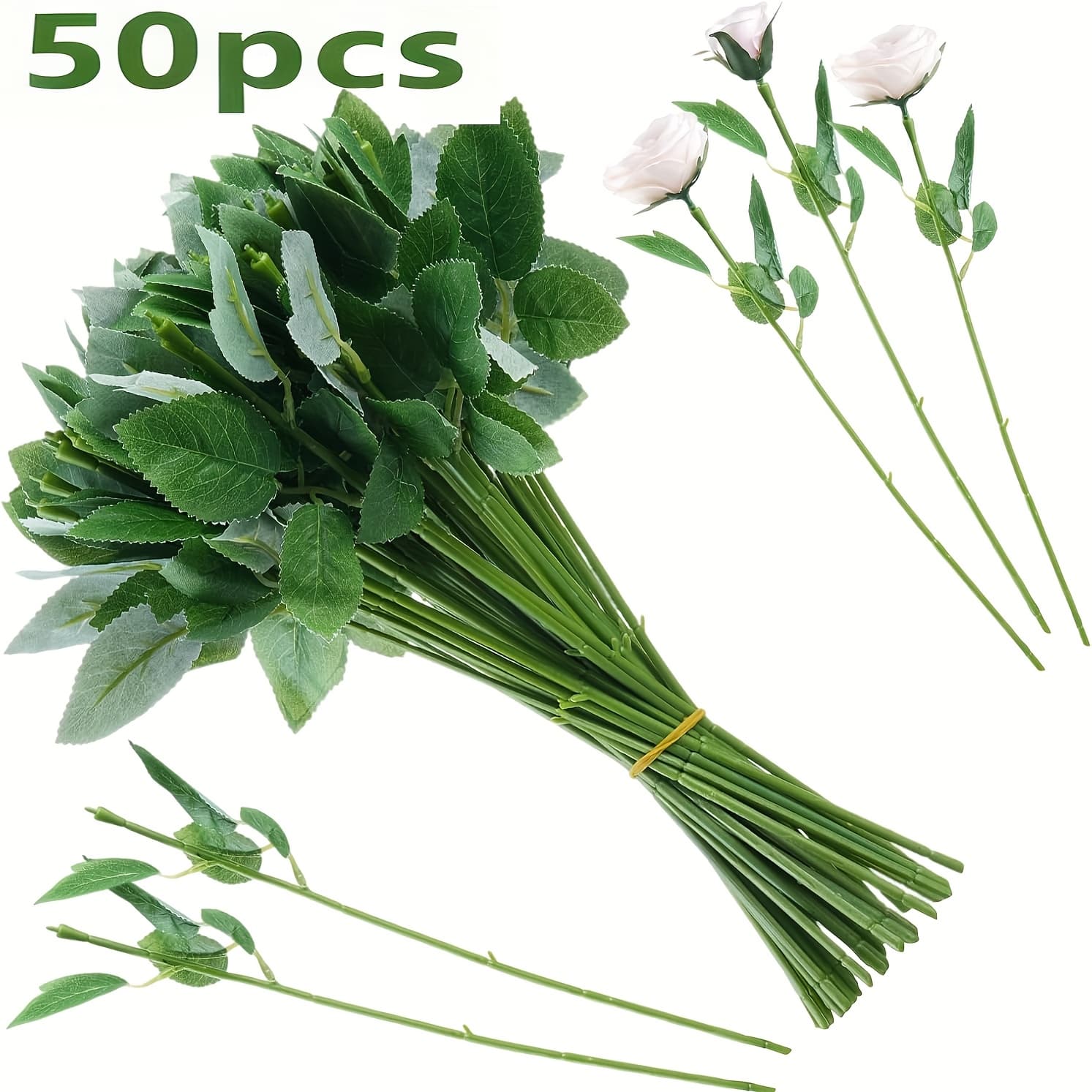 TEMU 50/100pcs Floral Wire Stem With Leaves Artificial Plastic Rose Floral Wire Stems Diy Craft Bouquet Making Floral Arrangement Tools