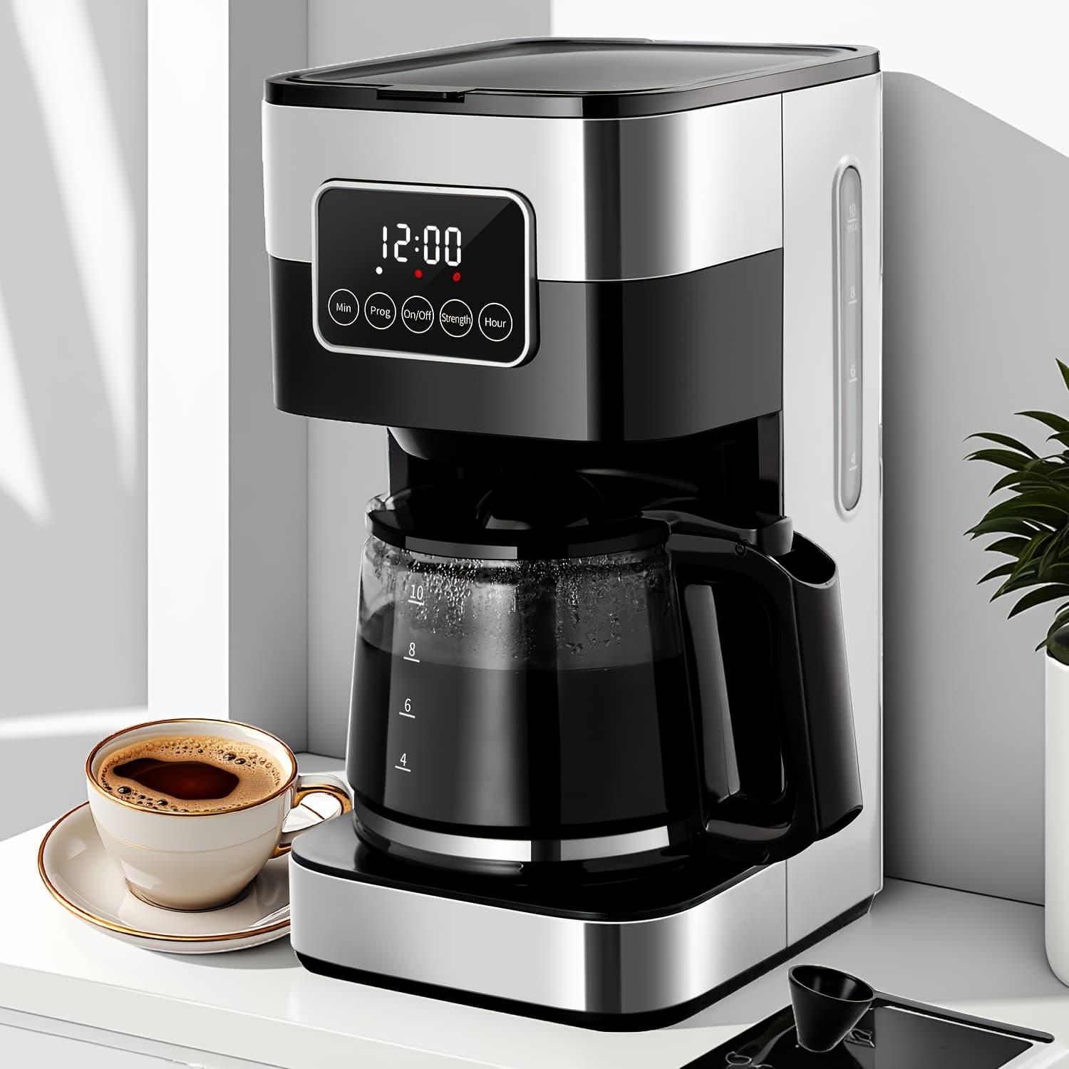 TEMU 10-cup Programmable Drip Coffee Maker With Touch-screen, Pause & Serve, Stainless Steel, Black.