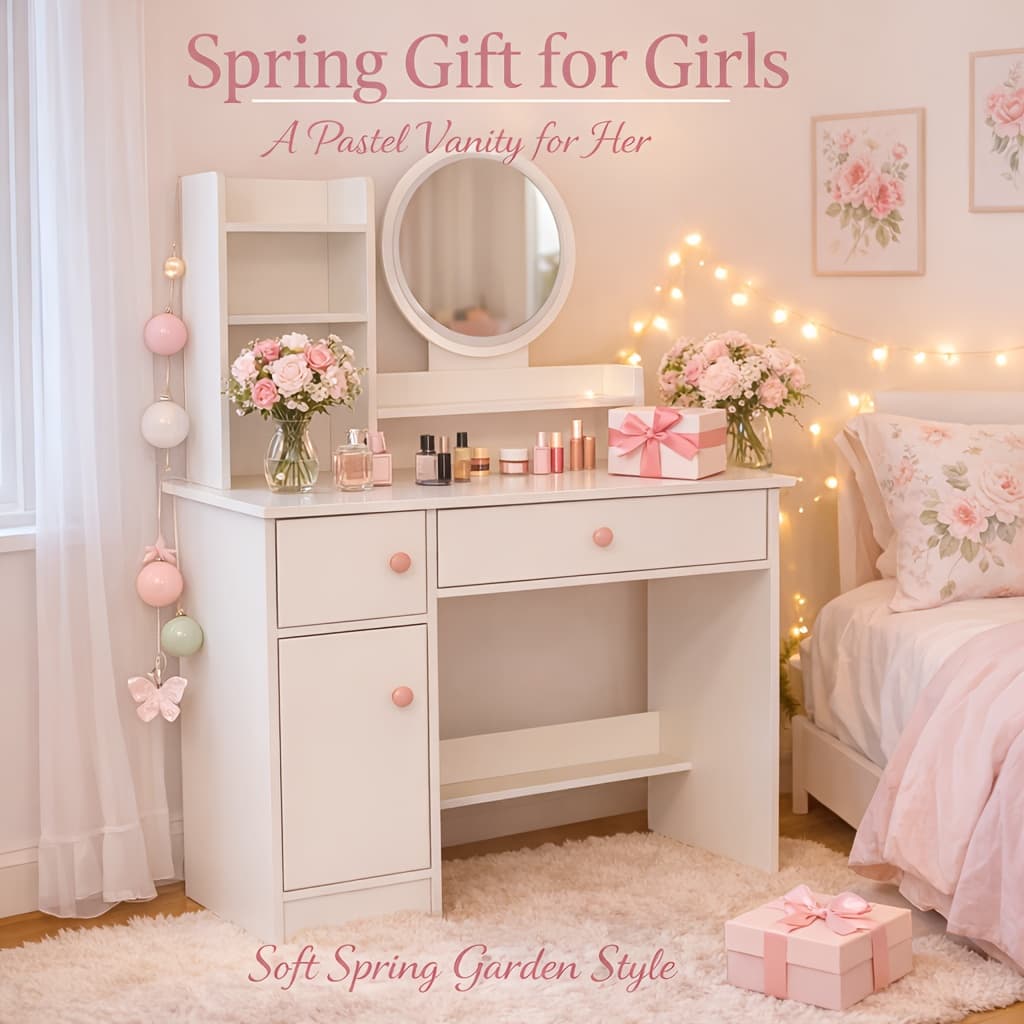 TEMU Soft Pink Pastel Vanity Desk, Modern Dressing Table With Round Mirror, Multi-level Cabinet Shelves, 3 Storage Compartments, Perfect For Apartments & Bedrooms