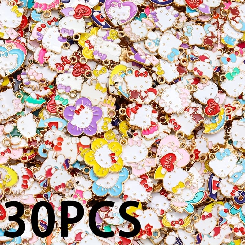 TEMU 30pcs Random Style Mixed Hello Kitty Alloy Set - Alloy Jewelry With Holes, Suitable For Keychains, Earrings, Bracelets, And Necklaces - Creative Handmade Gift Idea