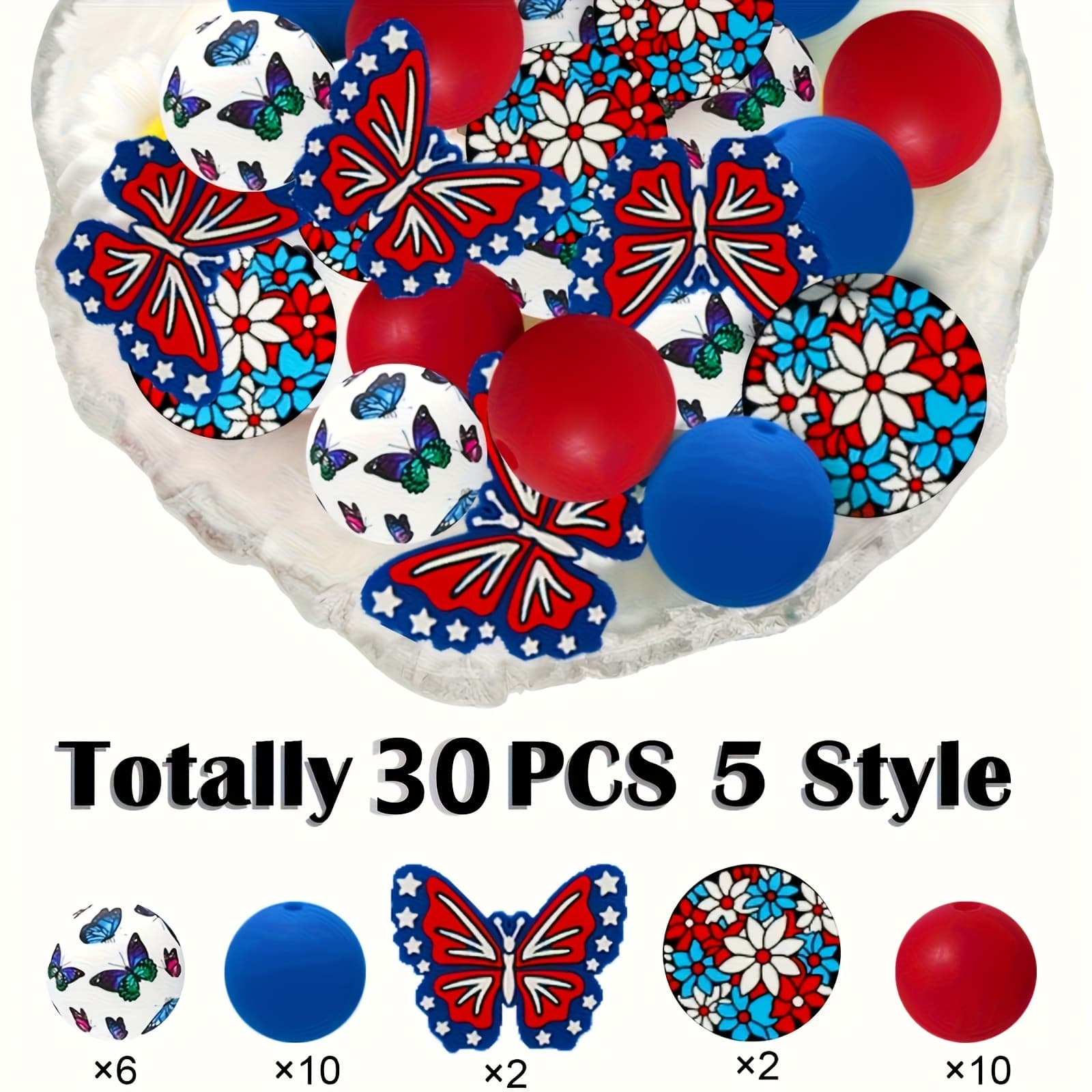 TEMU 30pcs Blue And Red Flower Charcoal Beads - Round Beads Used For Diy Bead Pen, Keychain, Jewelry, Bracelet, Hanging Decoration Crafts Production On Presidents' Day And