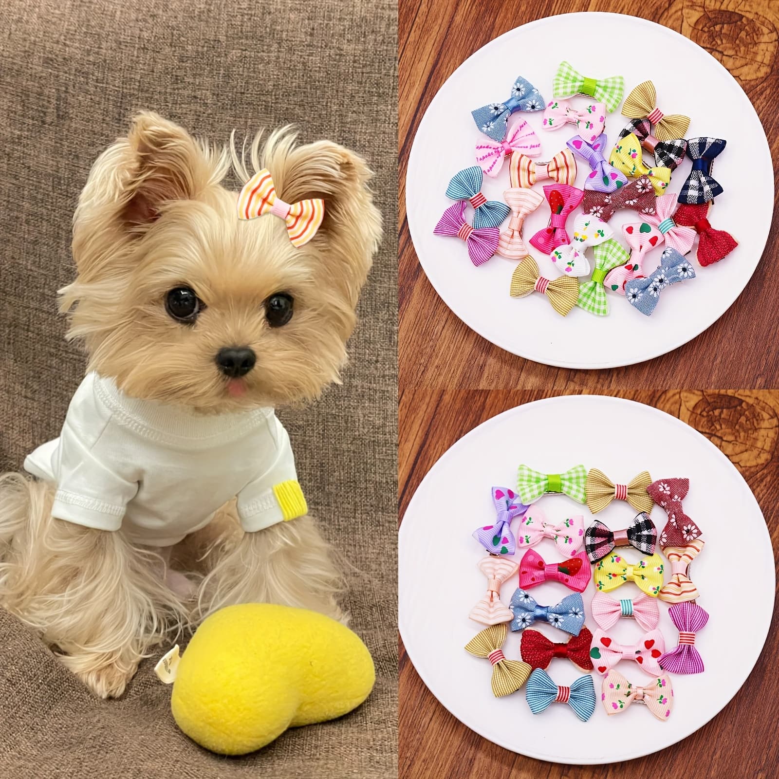 TEMU 30pcs Of Yorkie Dog Hair Bows With Clips, Assorted Colors And Patterns For Pet Grooming. Check Out The Store For Dog Additions