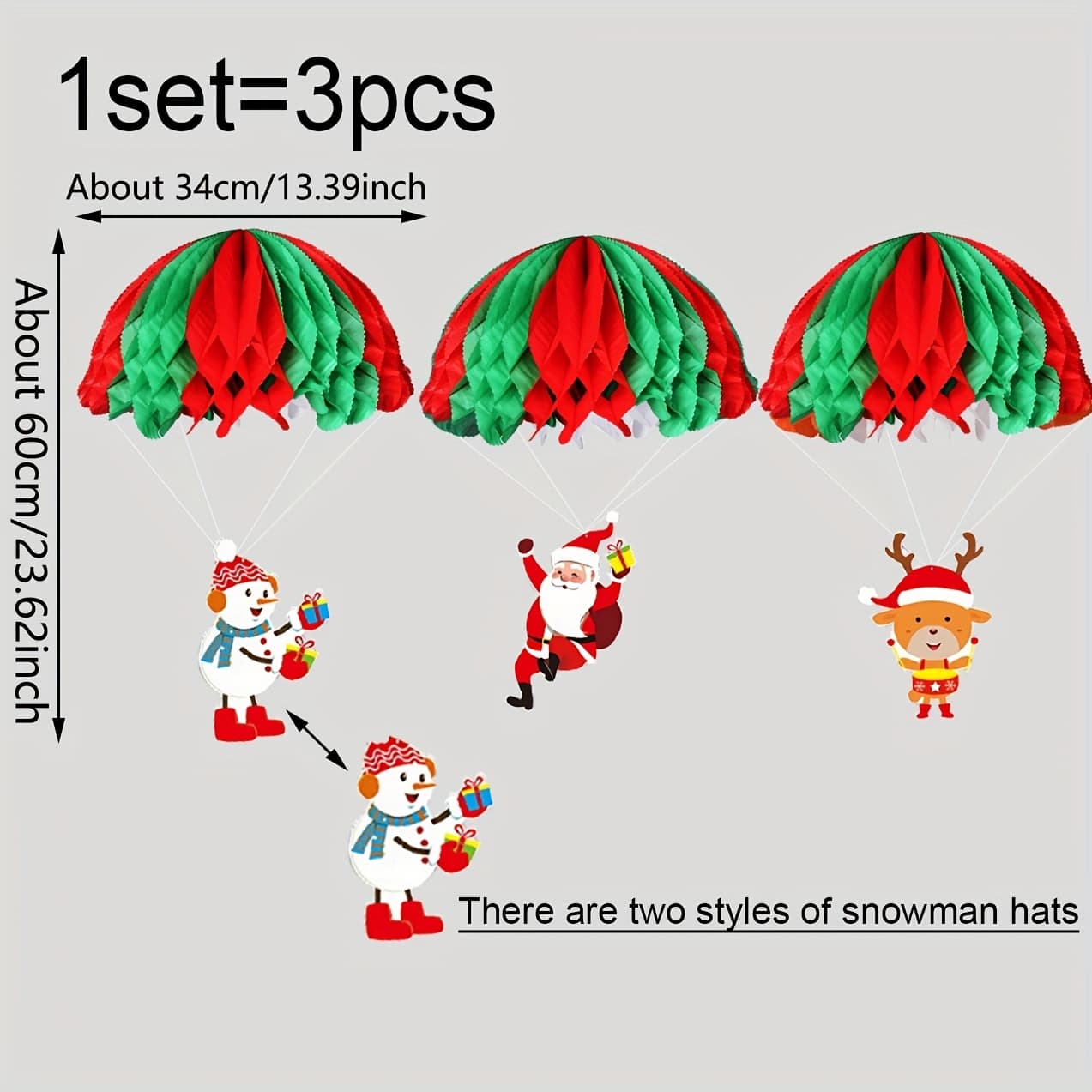 TEMU 1set/3pcs Paper Honeycomb Hanging Ornaments, Creative Red And Green Parachute-shaped Honeycomb Decorations, Christmas Scene Arrangement Ornaments