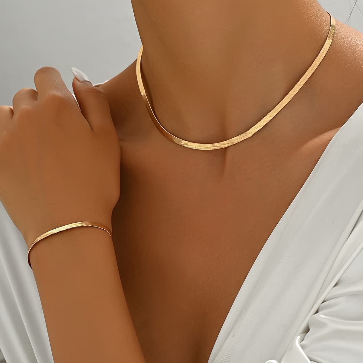 TEMU 1 Set Easy Necklace Set Women's Individual Flat Snake Chain Chain Jewelry