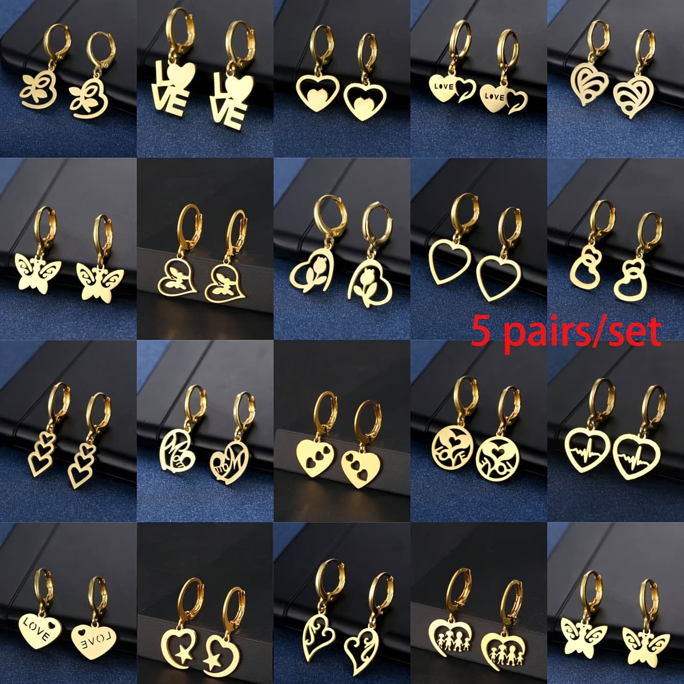TEMU 5 Pairs/set Easy Stainless Steel Women's Earrings Elegant Cute Love Heart Mixed Style Multi-piece Set Earrings Party Wedding Daily Wear Earrings Fashion Jewelry Gifts Random Delivery