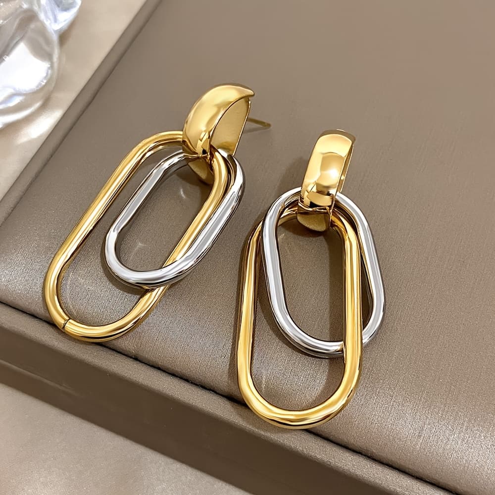 TEMU Stainless Steel 2 Color Golden Silvery Geometric Drop Earrings For Men Women Jewelry
