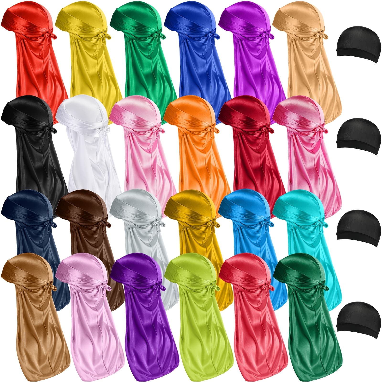 TEMU Set Of 28 Durags Featuring 24 Satin Headwraps For Men And Women, Complete With 4 Elastic Wave Caps In Colors