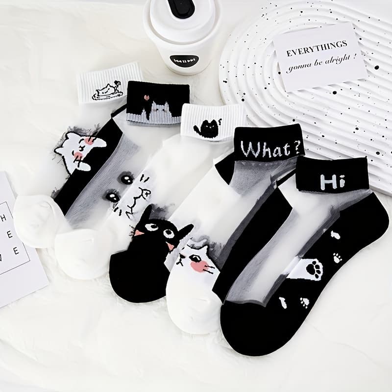 TEMU 5 Pairs Of Black And White Kitten Glass Women's Socks