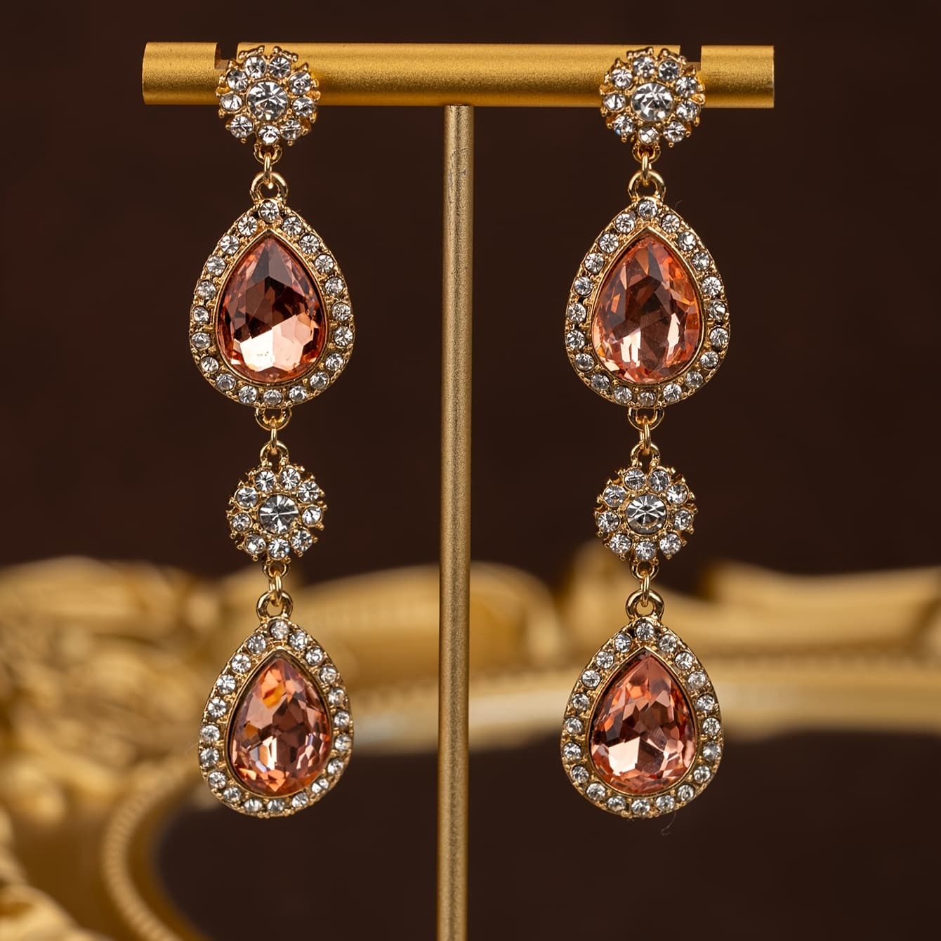 TEMU 1 Pair Of Earrings, Fashionable Vintage Elegant Light Luxury Geometric Teardrop Shape Glass With Shiny Inlay, Intricately Party Earrings