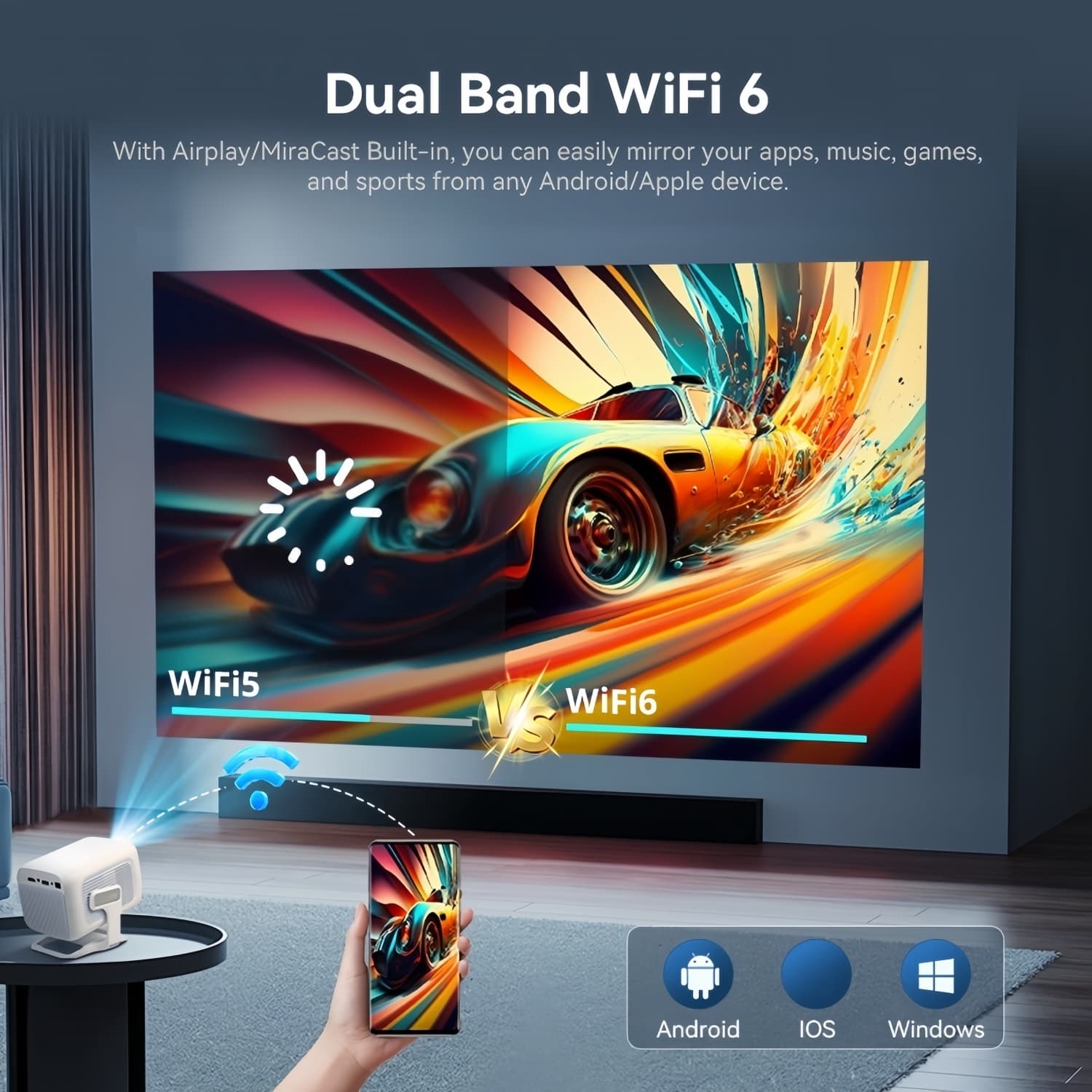 TEMU Portable Smart Projector With Wifi6 And Wireless 5.4-4k , Native 1080p, 600ansi, 14, Auto Focus&auto Keystone Correction, 40"-130", Compatible With Phone/tv Stick/laptop/usb, For Gift