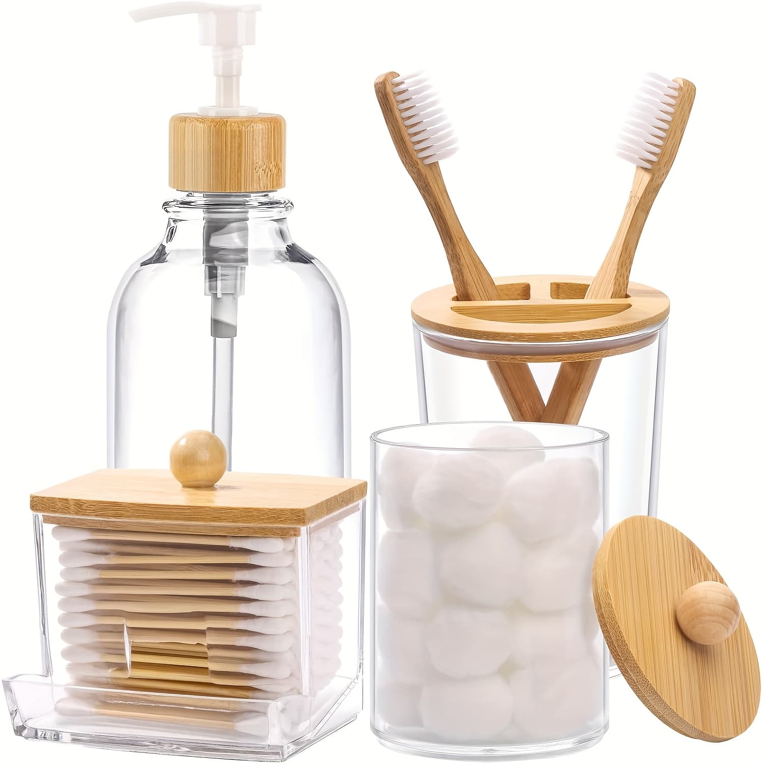 TEMU 4pcs Bathroom Set - Soap Dispenser, Toothbrush Holder, 2 Swab Jars | Boho Decor,, Bpa-free Plastic, Wedding Gift