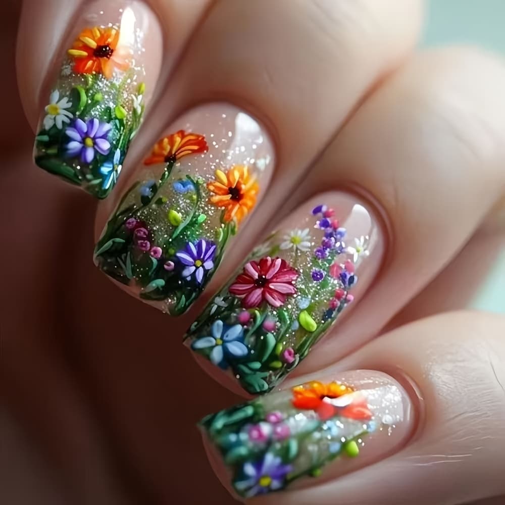 TEMU 24pcs Square Wearable Nail Tips With Cute Floral Pattern Glossy Finish, Suitable For Women And S Fake Nails
