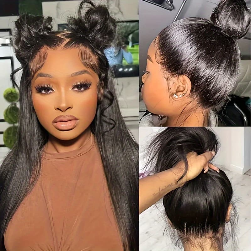 TEMU 360 Full Lace Front Wig Human Hair Straight 200% Density Glueless Wig Pre- With Baby Hair For - Versatile For Ponytails & Buns