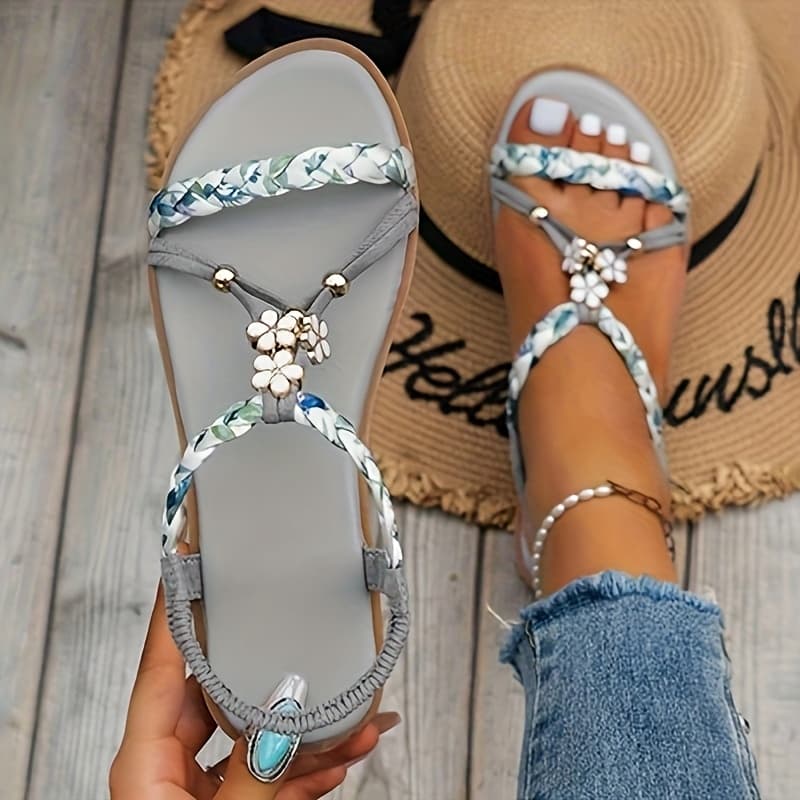 TEMU Trendy Floral Embellished Beach Sandals For Women - Delivery From Local Stock, Ideal For Beach Vacations