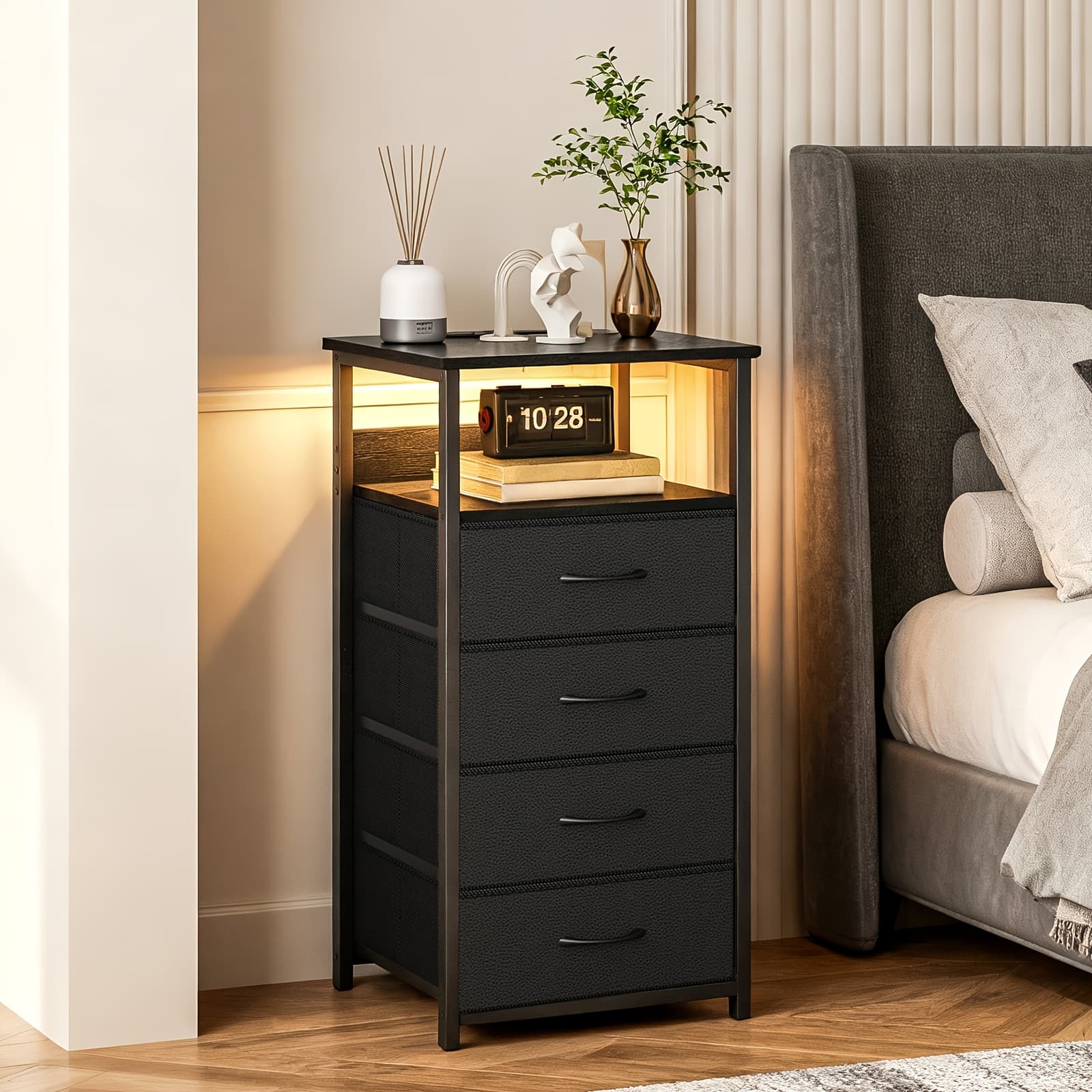TEMU Tomnk Tall Nightstand With Usb Ports, Bedside Table With Led Light, 4 Soft Close Fabric Drawers (pu Finish), Open Storage Shelf, Charging Station Night Stand For Bedroom And Living Room