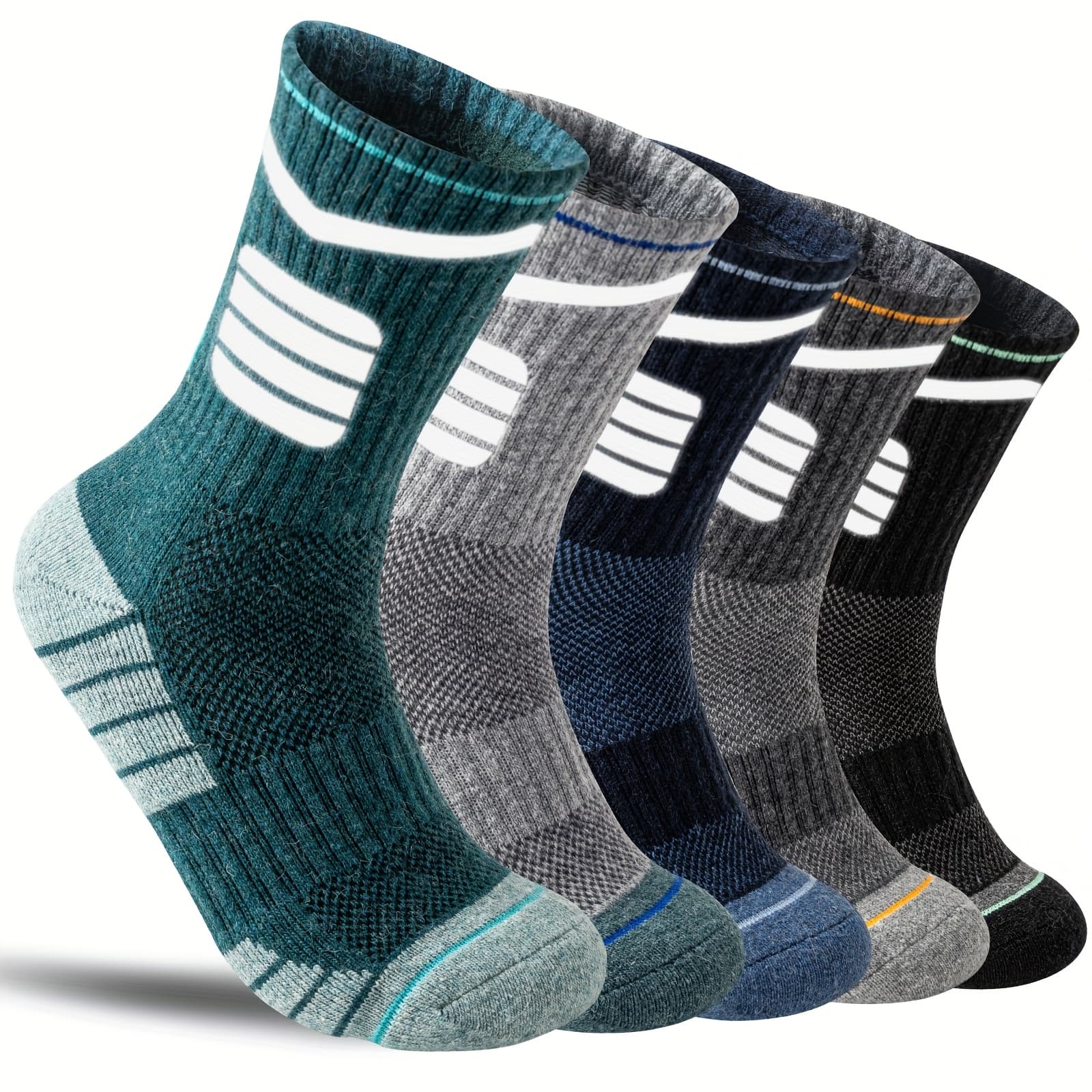 TEMU 5-pair Pack: Wool Wool Thermal Hiking & Boot Socks For - Striped Warm Winter Outdoor Socks Suitable For Hiking, Work, Weather - Wool Wool Footwear Cushion Socks