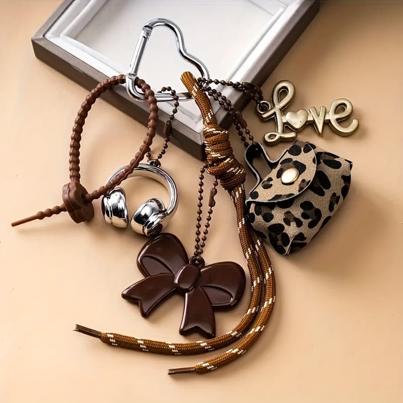 TEMU Hand-woven Pu Leather Keychain With Tassel And Heart Charm - Bow, Beads, And Black & White - Perfect For Women's Fashion Accessories And Valentine's Day Gifts