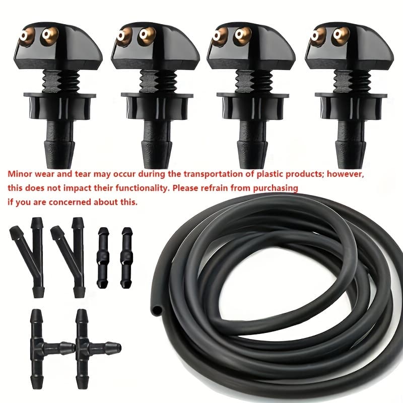 TEMU Universal Car Windshield Wiper Nozzle Kit - Durable 2m Hose, 6 Versatile Connectors, 4 Precision Double Hole Sprayers - Compatible