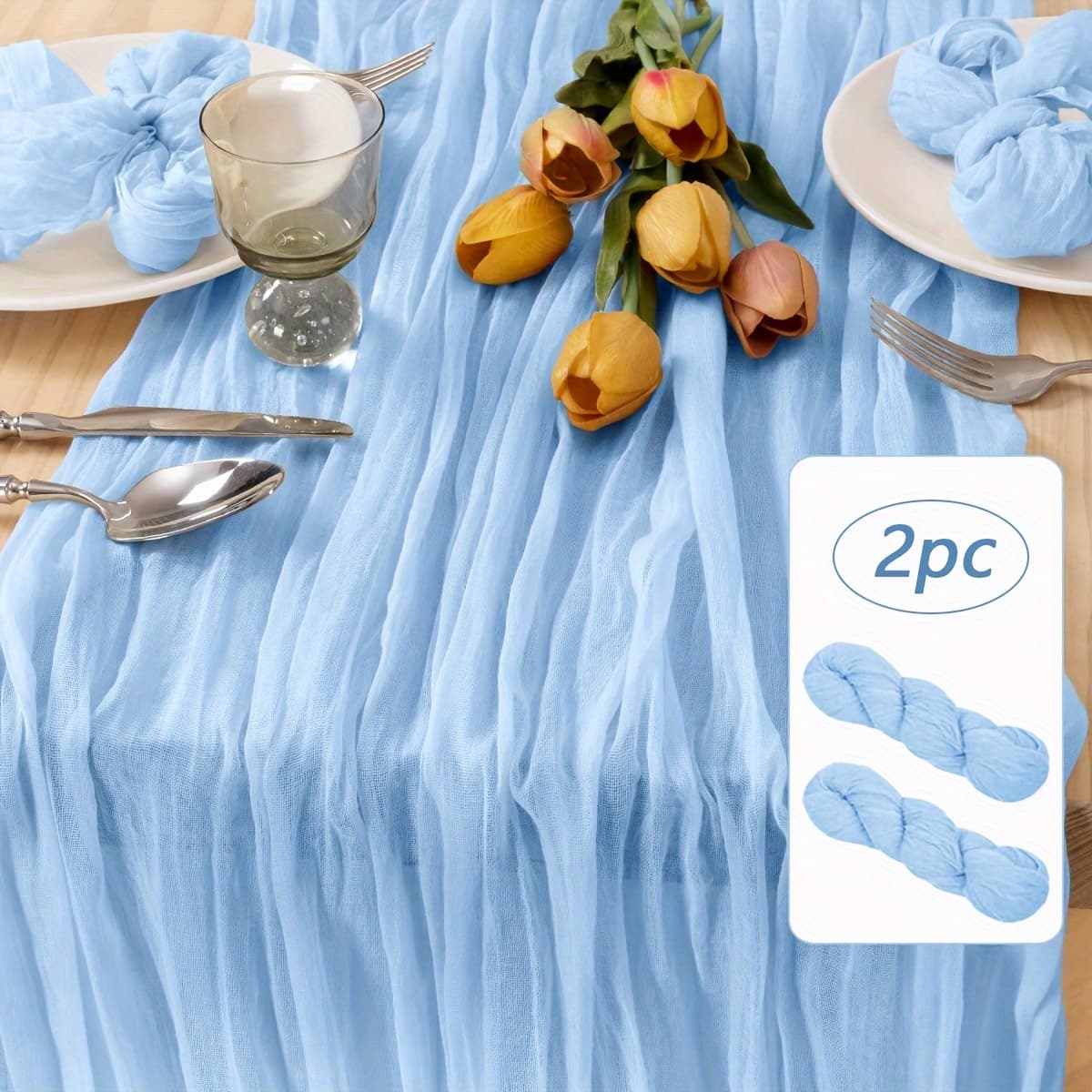 TEMU 2pcs Of Cheese Cloth Table Runners In Bohemian Style, Suitable For Weddings, Birthdays, Baby Showers, And Parties, Featuring A For Rustic Table Decoration (light Blue)