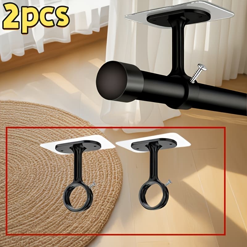 TEMU 2pcs Non-drilling Ceiling Curtain Rod Brackets | Heavy-duty Self-adhesive, Adjustable Curtain Hooks, Suitable For Wardrobe And Bedroom, Version Added, Utility Hooks