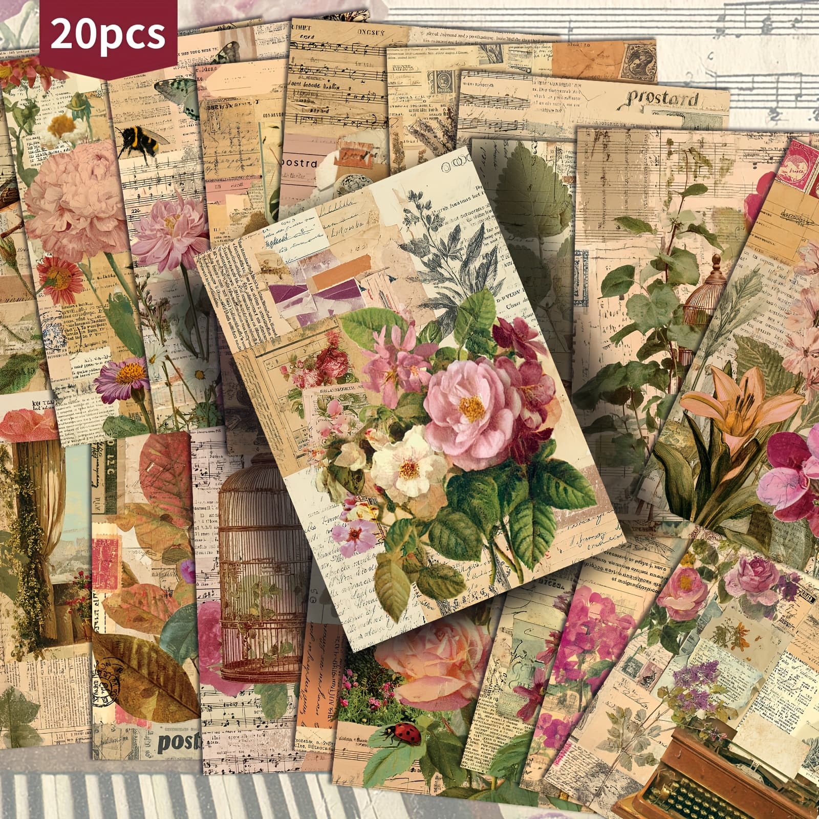 TEMU 20-pack Vintage Countryside Botanical Collage Postcards - 4x6 Inches Junk Journal Paper, Classic Pinup Illustrations, Collectible Decorative Painting Cards For Scrapbooking & Crafting