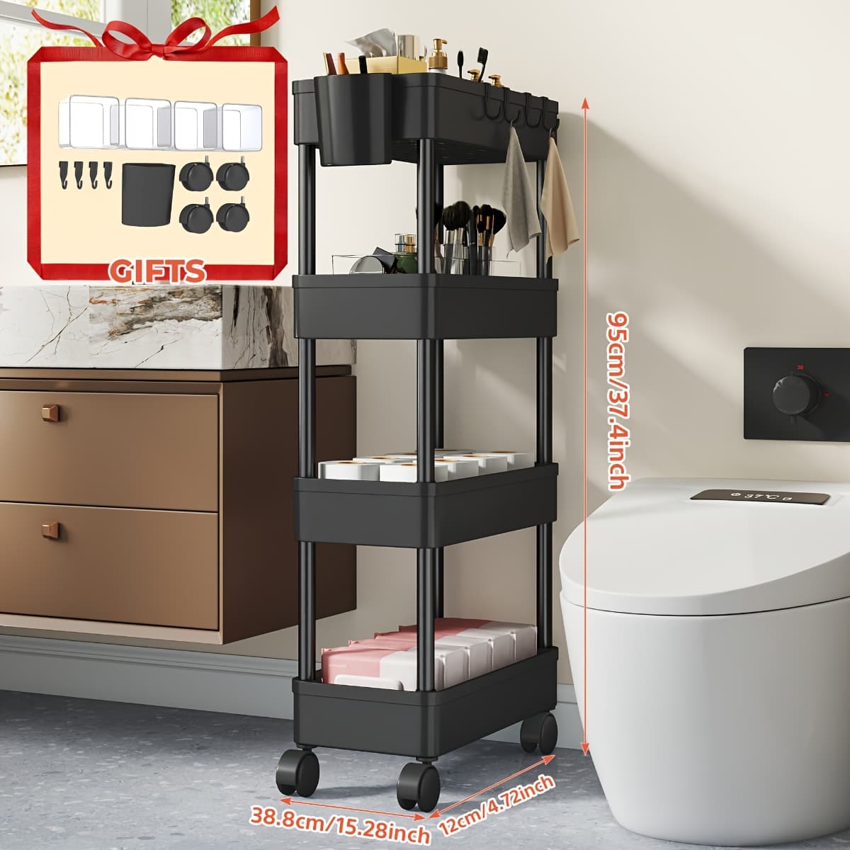 TEMU Bathroom Slim Shelves Rolling Cart With Casters, 2/3/4-tier Mobile Shelving Unit Slide Out For Toiletries, Space-saving Narrow Utility Trolley For Bathroom, Office, Kitchen, Laundry Room, Shelves