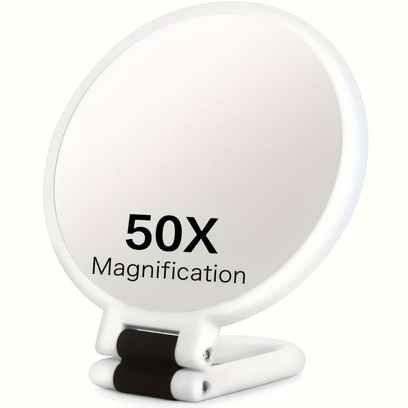 TEMU 1pc Of 50x Handheld Magnifying Double-sided Makeup Mirror, 1x/50x Zoom, 360° Adjustable Handle, Supports Handheld, Desktop Placement And Hanging Use, Double-sided Mirror Design