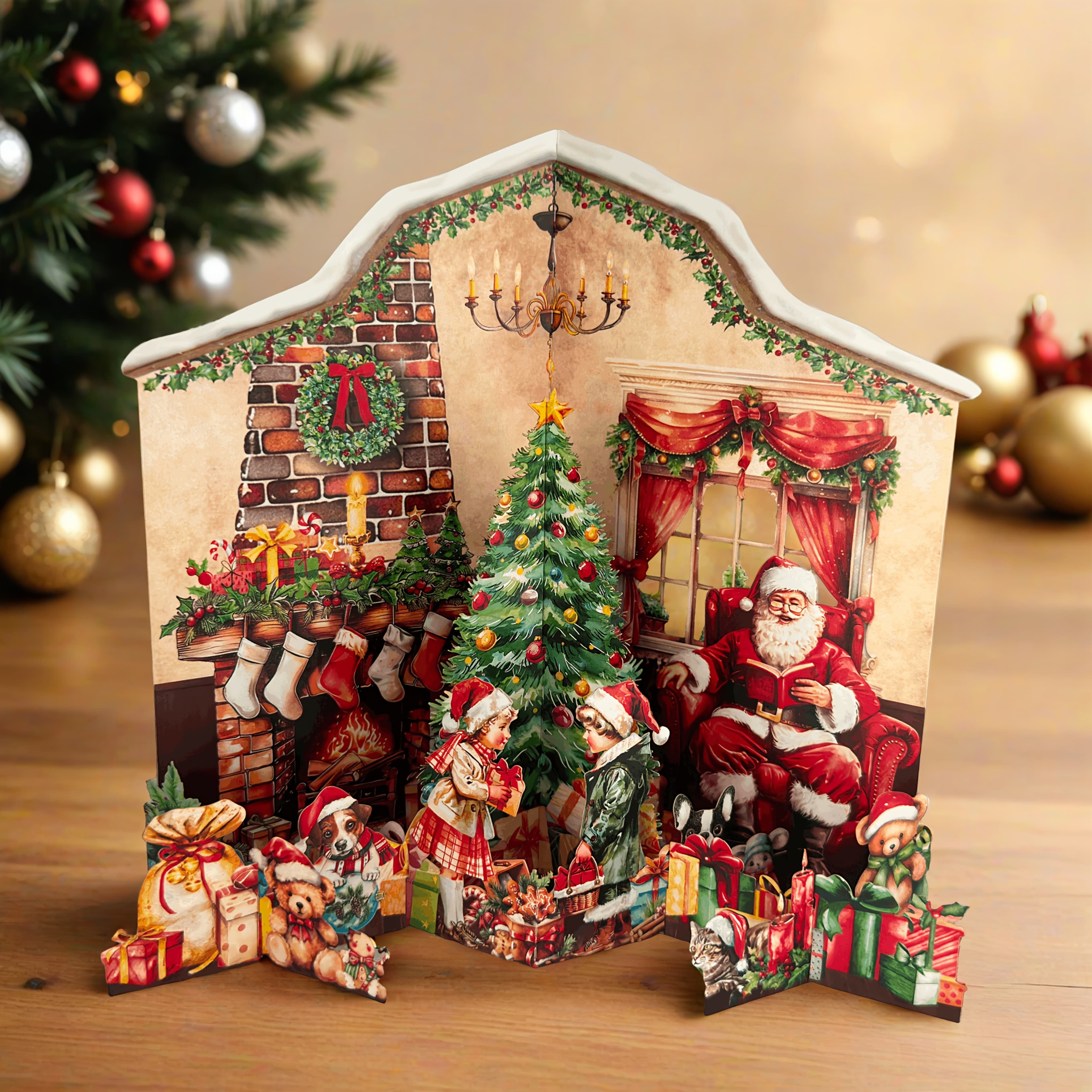 TEMU 1pc A Retro Christmas-themed Pop-up Card Featuring Children, Santa, And Holiday Elements In A Warm Festive Atmosphere, Including A 3d Card, An Invitation For A Party, A Note Card, And An Envelope